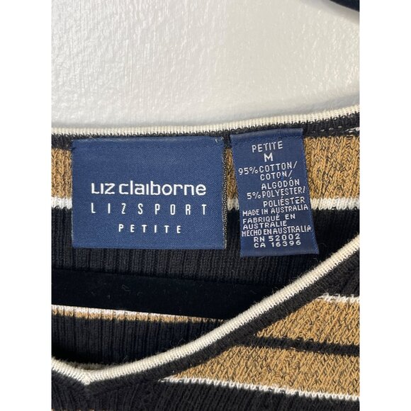 Liz Claiborne Lizsport Petite Black & Gold Striped V-Neck Knit Top M - Picture 4 of 4